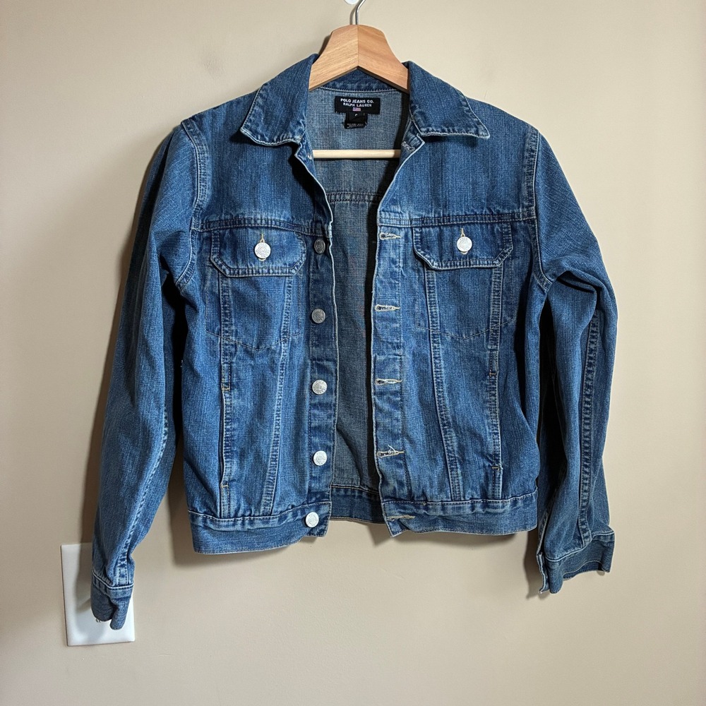 Vtg Polo Jeans Co Ralph Lauren Denim Trucker Jacket S Blue Womens Flag Patch